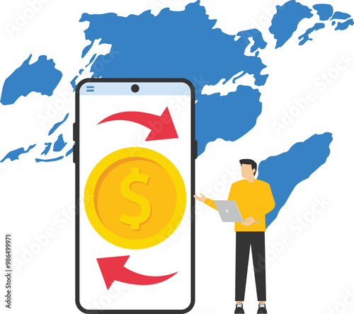 Mobile money transfer and exchange. Money transaction around world. Vector illustration icon.

