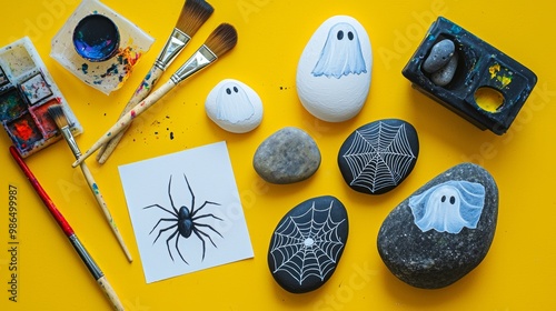 Drawing on stones Halloween characters. Art project for children.Diy concept.Halloween party decor. photo