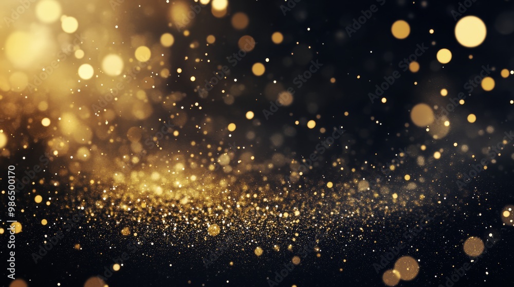 Golden shimmering particles floating above a dark surface in a mystical atmosphere Golden shimmering particles floating above a dark surface in a mystical atmosphere