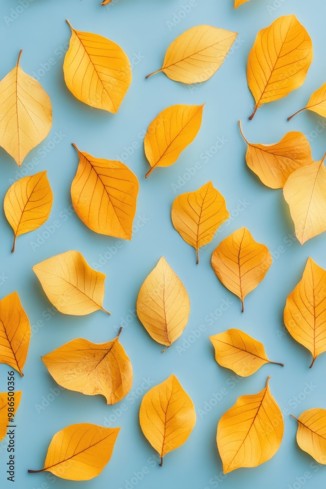 Obraz premium Autumn leaves of various shapes and colors scattered on a bright blue background