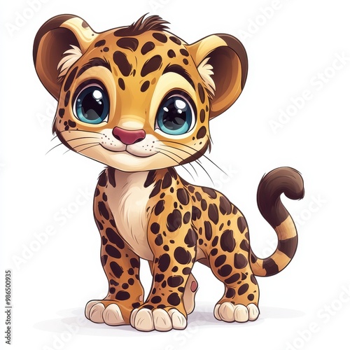 Adorable cartoon leopard with big eyes and playful expression, perfect for children's illustrations and animation, white background photo