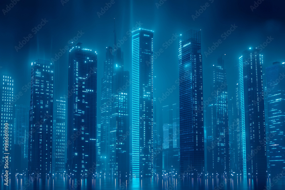 A futuristic city skyline illuminated by blue neon lights during the night A futuristic city skyline illuminated by blue neon lights during the night