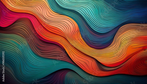 Abstract wooden texture with wavy, colorful lines.