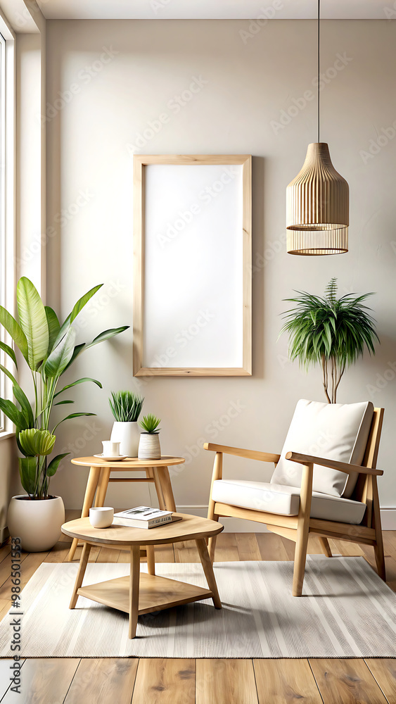 modern room with natural wooden furniture, 3d render, white Mock up frame modern room with natural wooden furniture, 3d render, white Mock up frame