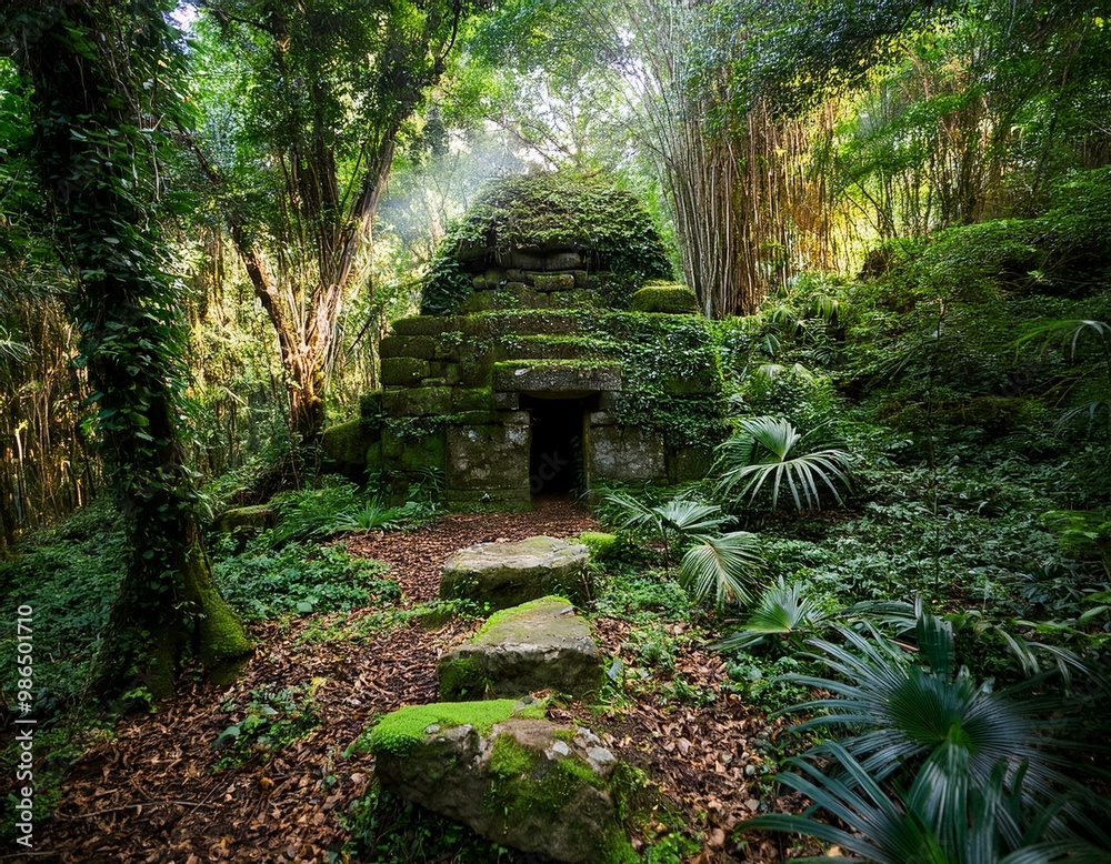 Ancient stone structure hidden in a lush, overgrown jungle.