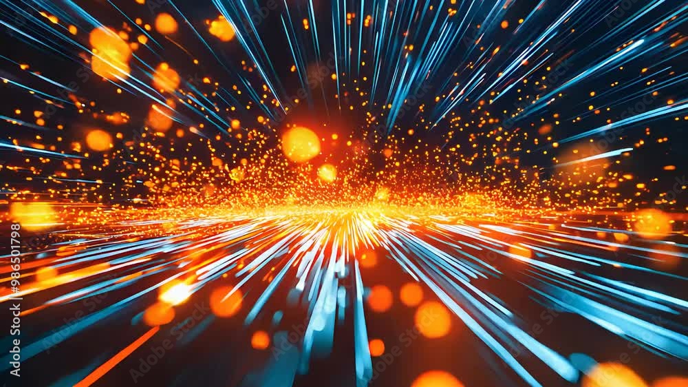 Abstract digital data streams with bright orange and blue lights futuristic technology background concept motion blur