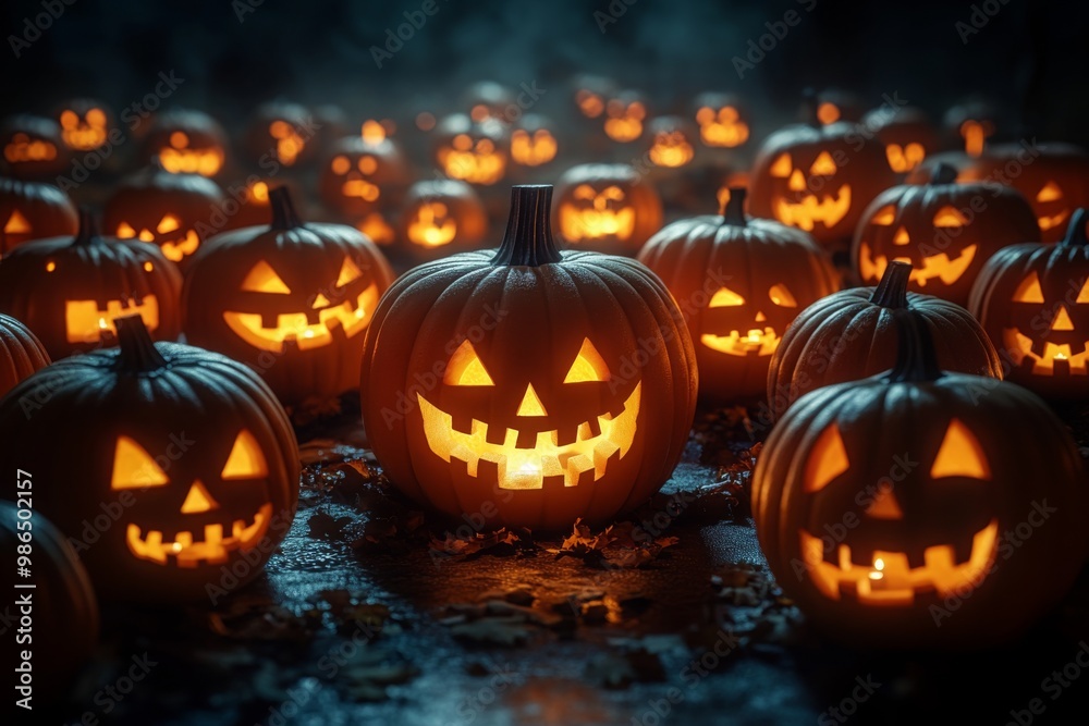 Fototapeta premium illustration of illuminated carved pumpkins with different evil faces in darkness at Halloween night