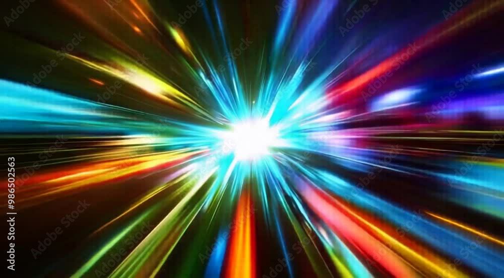 Bright light beams of various colors radiating from the center create an explosion effect, symbolizing energy, motion, and dynamics in an abstract style Bright light beams of various colors radiating from the center create an explosion effect, symbolizing energy, motion, and dynamics in an abstract style