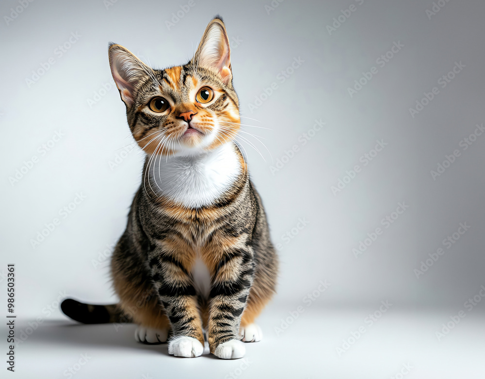 Obraz premium A charming tabby cat with expressive eyes and a curious pose against a soft background, perfect for pet lovers.