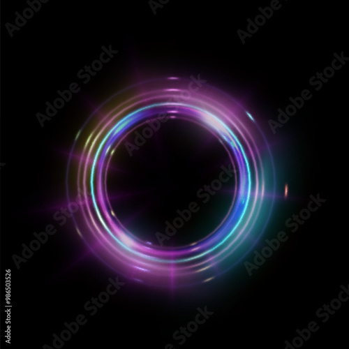 Bright futuristic portal with violet-blue glow of bright rays. Light ring, frame. Vector for web design.