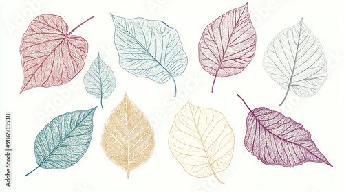 Stylized Leaf Outlines in Various Colors and Shades