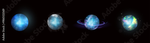 Set of sphere icons with liquid texture of planet surface. Vector spatial horizontal illustration of purple and blue planet. Planet view from satellite in outer space.
