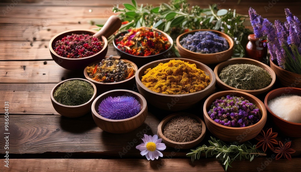 Assortment of herbs, spices, and flowers in bowls on a rustic wooden surface.