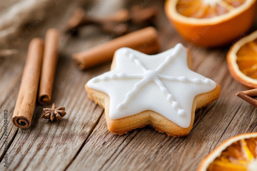 Festive star-shaped cookie with icing surrounded by cinnamon sticks and dried orange slices
