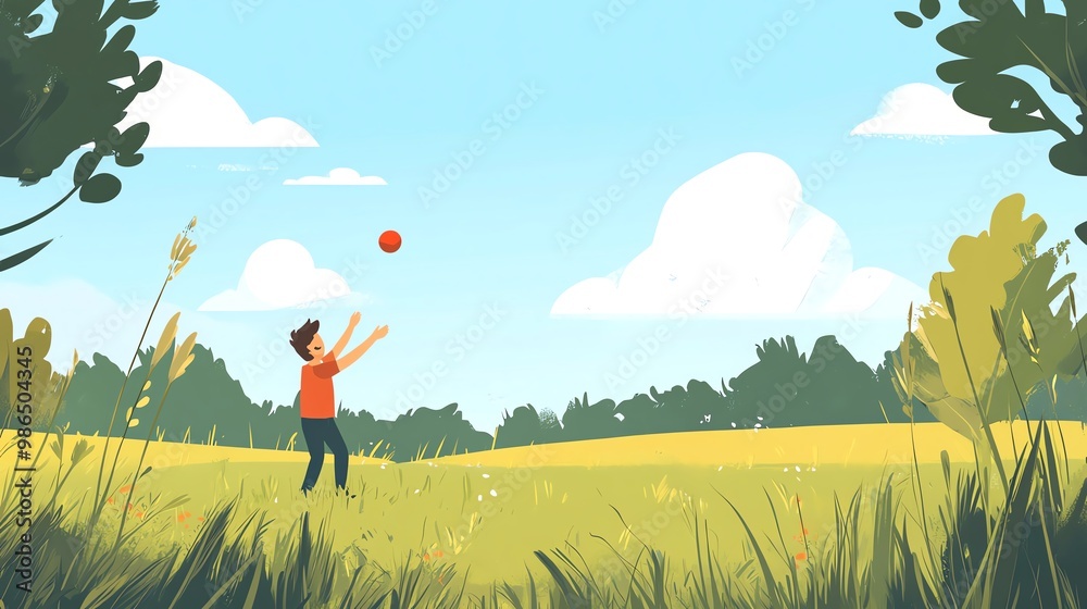 A young boy is playing catch outdoors in a sunny field surrounded by vibrant nature and a clear blue sky. A young boy is playing catch outdoors in a sunny field surrounded by vibrant nature and a clear blue sky.