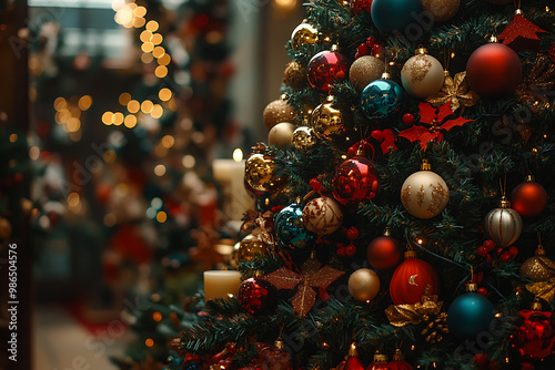 A vibrant display of Christmas tree toys, garlands, stars, candles, and beautifully decorated Christmas wreaths, capturing the festive holiday spirit and aesthetic elegance photo