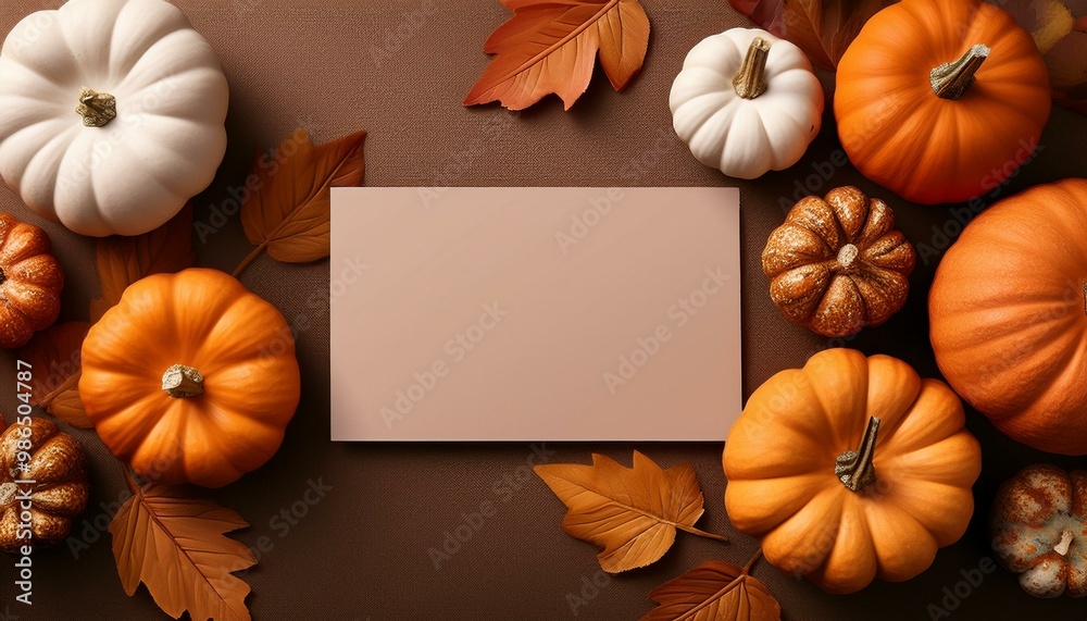Autumnal flat lay with pumpkins, leaves, and a blank card. Perfect for Thanksgiving or fall greetings. Autumnal flat lay with pumpkins, leaves, and a blank card. Perfect for Thanksgiving or fall greetings.