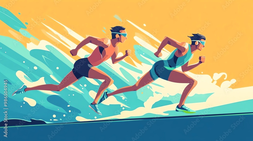 Dynamic illustration of two athletes racing along the beach, capturing the essence of speed and determination against a vibrant backdrop.