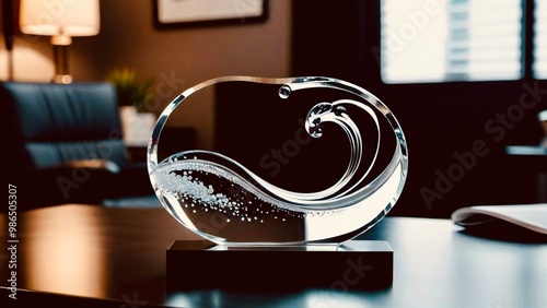 A wooden-base clear acyclic award rests on the office table.
