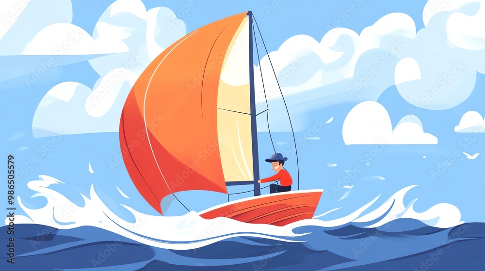 Naklejka premium A colorful illustration of a sailor enjoying a sunny day on the ocean, sailing a vibrant red boat with waves splashing around.