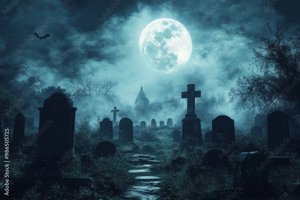 Zombie Rising Out Of A Graveyard cemetery In Spooky dark Night full moon. Holiday event halloween background concept. Zombie Rising Out Of A Graveyard cemetery In Spooky dark Night full moon. Holiday event halloween background concept.
