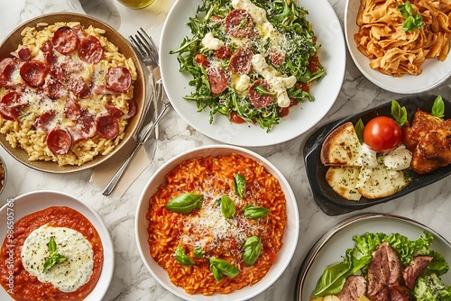 A Spread of Italian-Inspired Dishes with Various Pasta and Salads