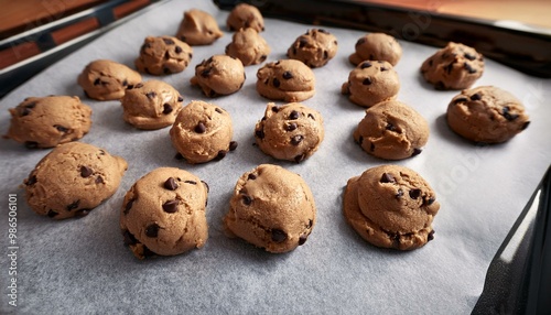 Chocolate chip cookie dough scoopes on a cookie sheet ready to be baked