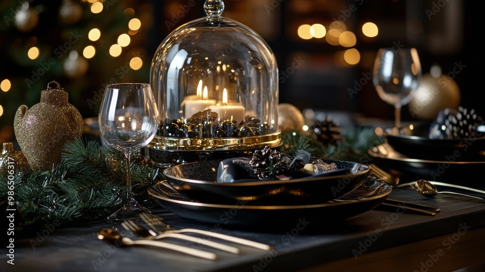 Fototapeta premium Elegant holiday dinner setting with candles and decorations in a warm, festive atmosphere