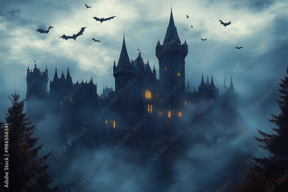 Spooky old gothic castle, foggy night, haunted mansion Spooky old gothic castle, foggy night, haunted mansion