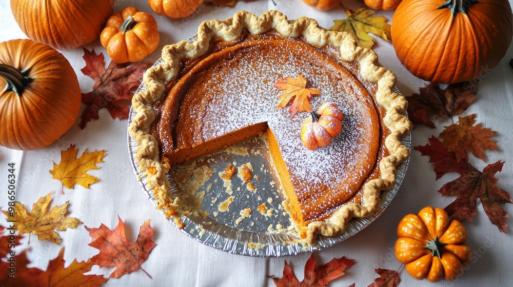 Homemade pumpkin tart with powdered sugar at autumn leaves and orange pumpkins on kitchen table. Piece of fall pie on metal spatula closeup traditional food for thanksgiving and helloween holidays Homemade pumpkin tart with powdered sugar at autumn leaves and orange pumpkins on kitchen table. Piece of fall pie on metal spatula closeup traditional food for thanksgiving and helloween holidays