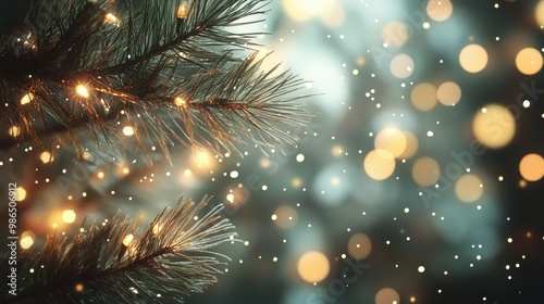 Sparkling holiday evening with snowflakes and twinkling lights on a lush evergreen tree