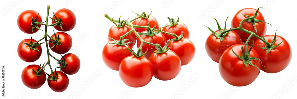 Set of tomatoes on a vine isolated on a transparent background
