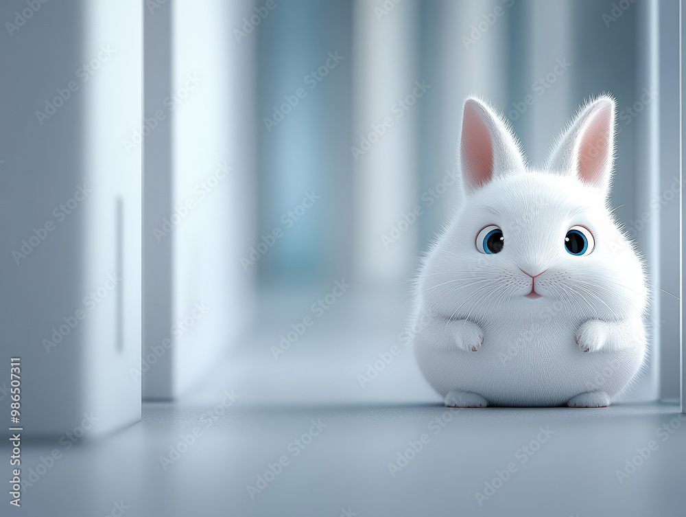 Fototapeta premium Cute White Rabbit Sitting in Minimalist Interior