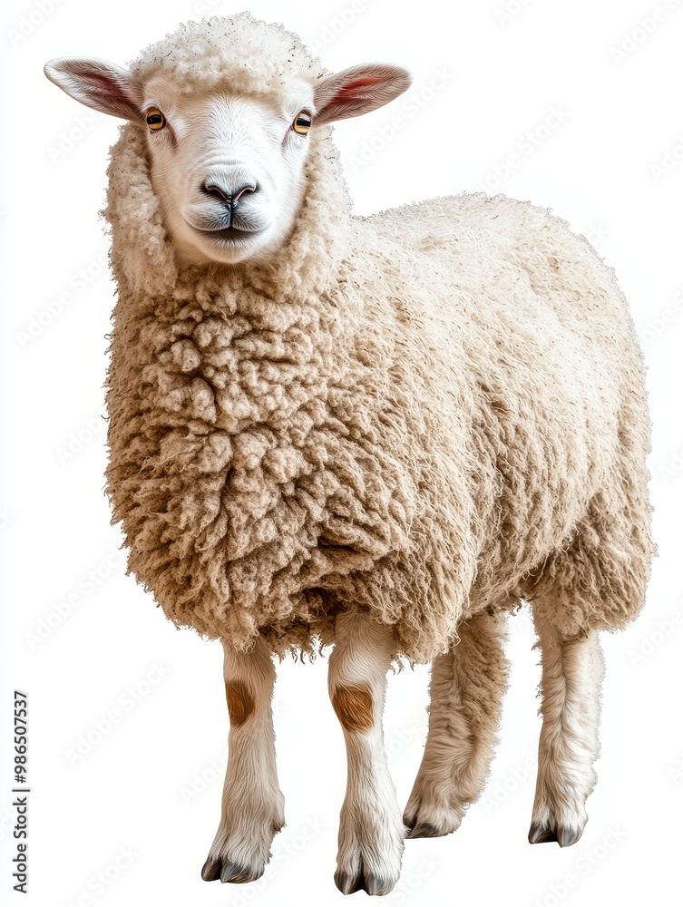 Fototapeta premium A fluffy sheep standing gracefully, showcasing its soft wool and gentle demeanor, perfect for agricultural or farm-themed projects, white background
