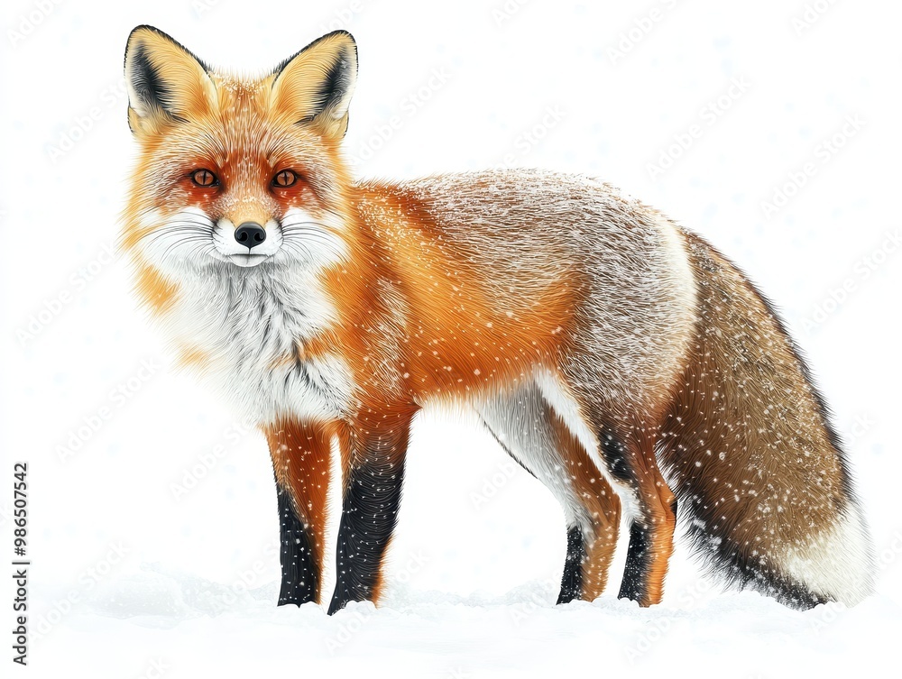 A majestic red fox stands gracefully in a snowy landscape, showcasing its vibrant fur and keen expression, white background A majestic red fox stands gracefully in a snowy landscape, showcasing its vibrant fur and keen expression, white background