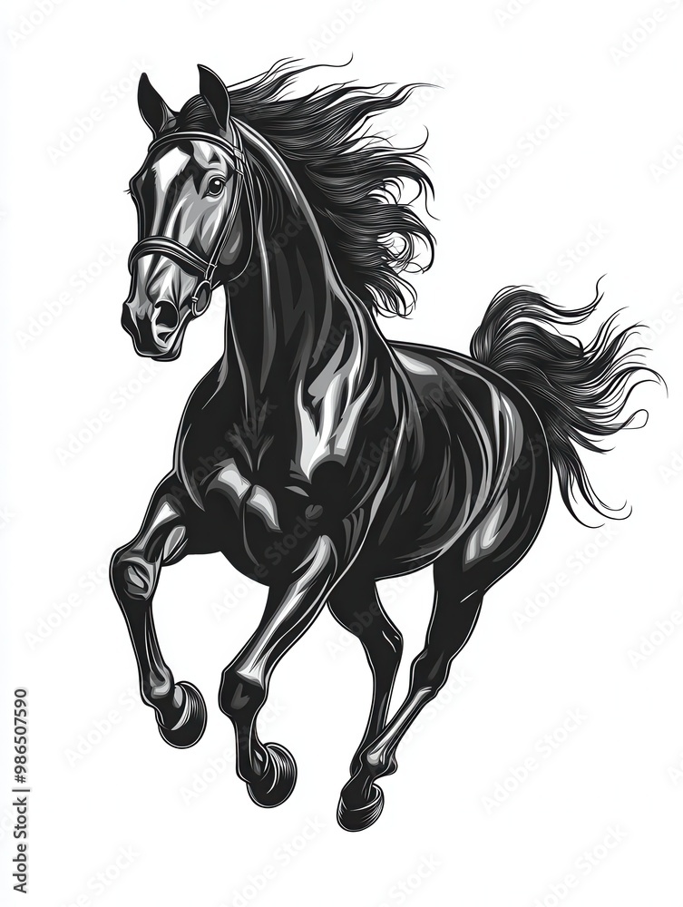 A stunning black horse in mid-gallop, showcasing its powerful physique and flowing mane against a clean background, white background A stunning black horse in mid-gallop, showcasing its powerful physique and flowing mane against a clean background, white background