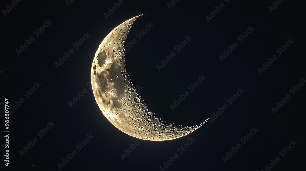 Detailed Crescent Moon in the night sky. Crescent Moon on black background with space for Ramadan theme. Detailed Crescent Moon in the night sky. Crescent Moon on black background with space for Ramadan theme.