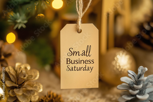 small business saturday tag with golden paper hanging on a christmas tree photo