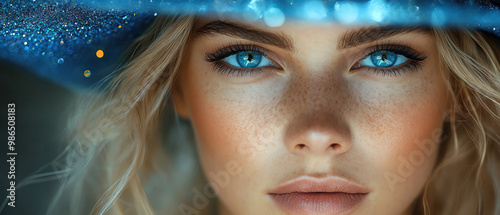 Enchanting woman in a starry blue witch hat, mysterious and magical vibe