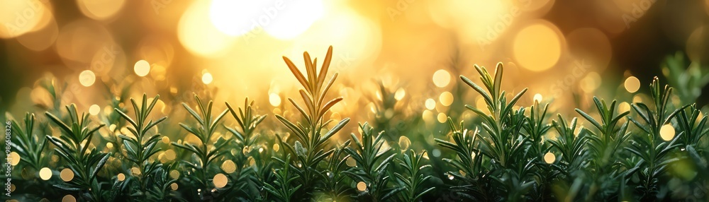 Fresh green rosemary sprigs basking in warm sunlight Fresh green rosemary sprigs basking in warm sunlight