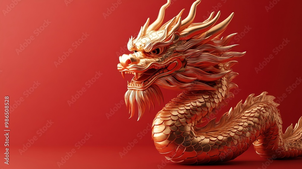 Fototapeta premium Golden dragon statue on a red background, symbolizing strength and prosperity