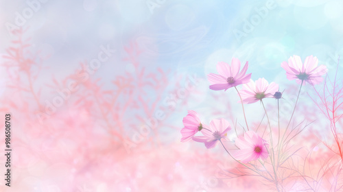 A vibrant bunch of pink flowers set against a clear blue sky. Copy space
