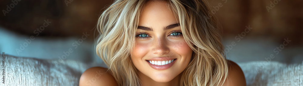 Smiling blonde woman, soft curls, warm blushtoned background Smiling blonde woman, soft curls, warm blushtoned background