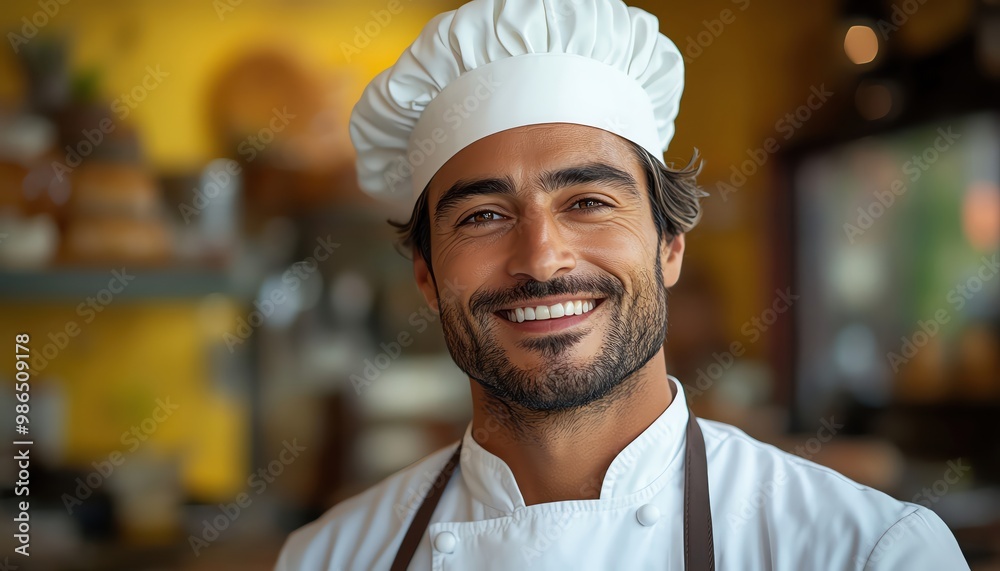 Smiling chef in a white hat, yellow background, friendly demeanor Smiling chef in a white hat, yellow background, friendly demeanor