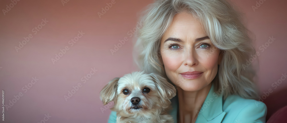 Stylish elderly woman in mint green suit holding a small dog, against a pink background Stylish elderly woman in mint green suit holding a small dog, against a pink background