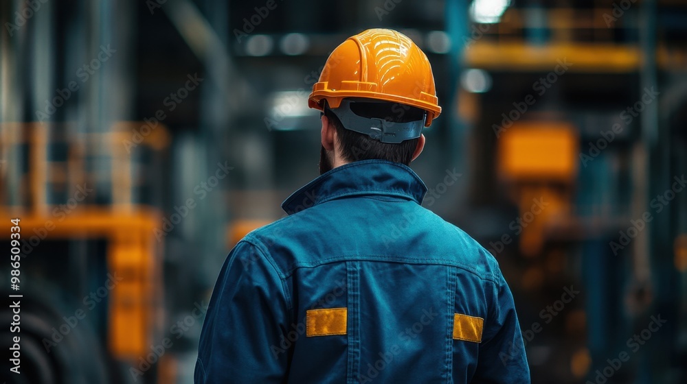A construction worker in a safety helmet observes the bustling factory environment focusing on ongoing operations during the day A construction worker in a safety helmet observes the bustling factory environment focusing on ongoing operations during the day