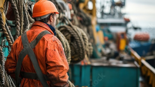 A fisherman in an orange suit and hard hat surveys the harbor while surrounded by ropes and fishing equipment on a cloudy afternoon