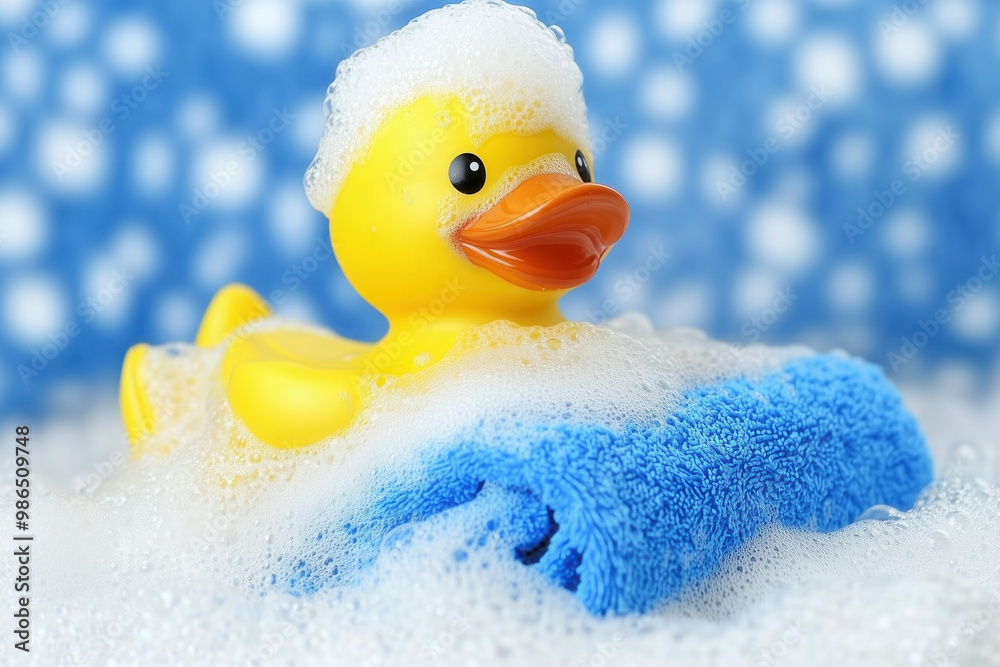 Playful rubber duck floating in a bubbly foam bath with a cozy blue towel in an AI-generated scene Playful rubber duck floating in a bubbly foam bath with a cozy blue towel in an AI-generated scene