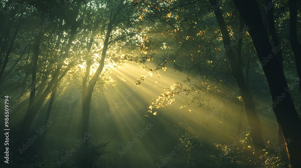 Obraz premium Sunbeams Illuminating a Misty Forest
