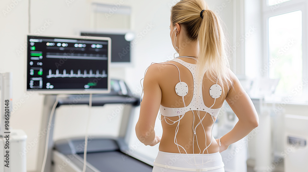 Rear view of a blonde female athlete in a modern white medical fitness test with sensors attached, checking her cardio status Rear view of a blonde female athlete in a modern white medical fitness test with sensors attached, checking her cardio status